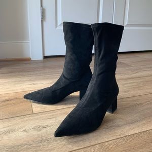 Black Faux Suede Textured Pointed Toe Calf Boots by Charles & Keith